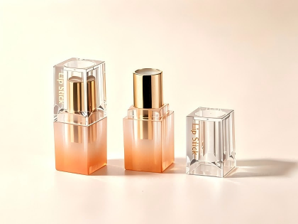 Gradient transparent square empty lipstick tube with gold inner core for custom lipsticks.